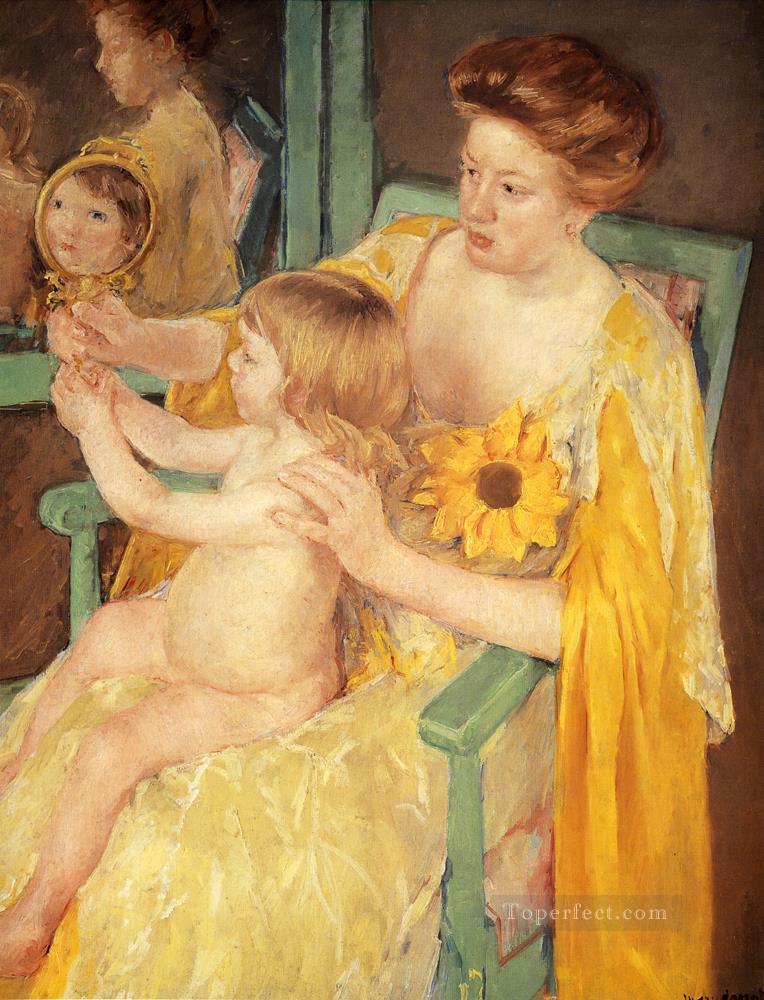 Mother Wearing A Sunflower On Her Dress mothers children Mary Cassatt Oil Paintings